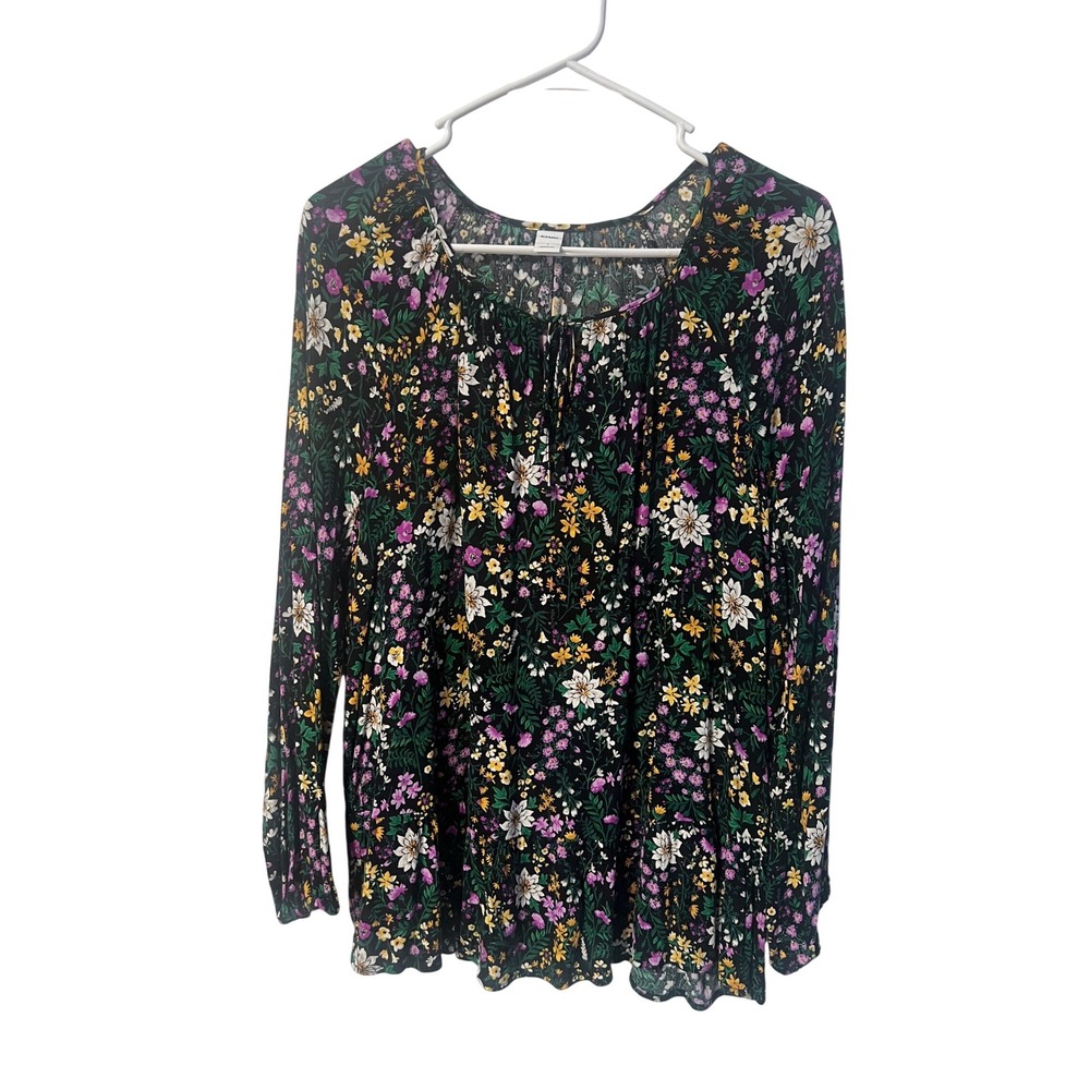 Old Navy Womens Floral Tie Neck Long Sleeve Rayon Blouse Black Purple Yellow L